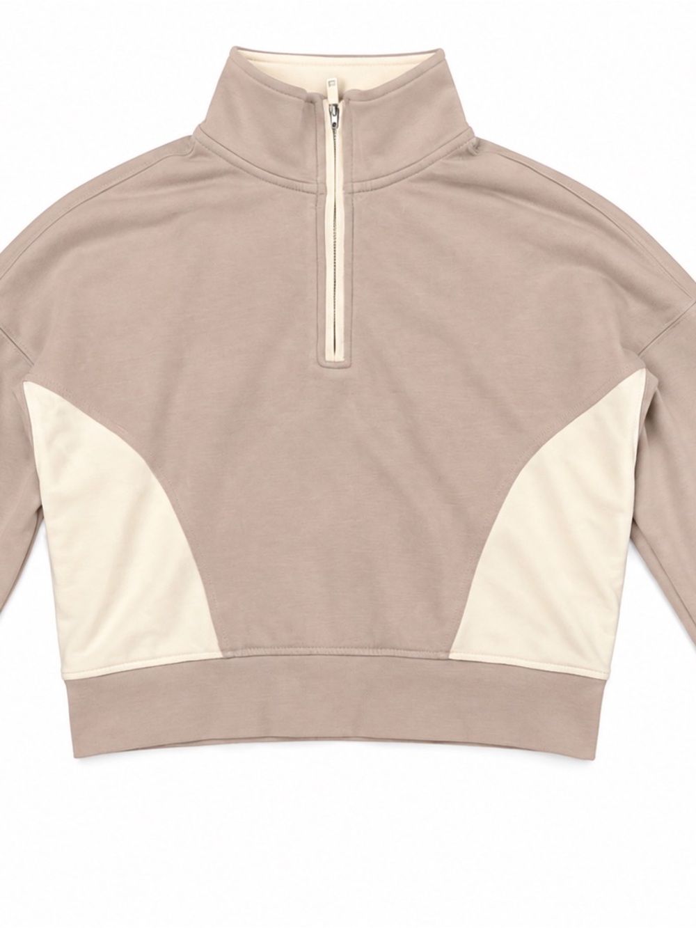 Cropped Taupe Half-Zip Turtleneck Sweater with Cream Panels